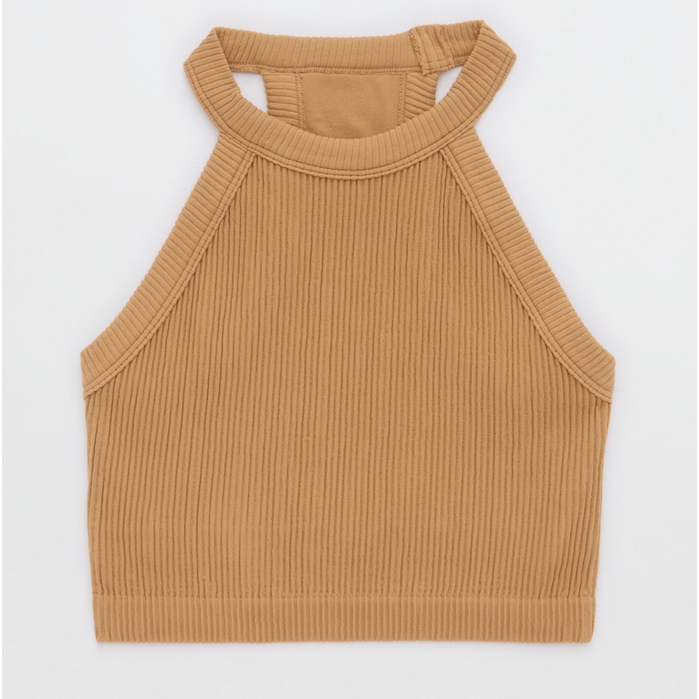 🆕 Aerie Superchill Seamless High Neck Bra Top Bralette, Beach Dune, Size L